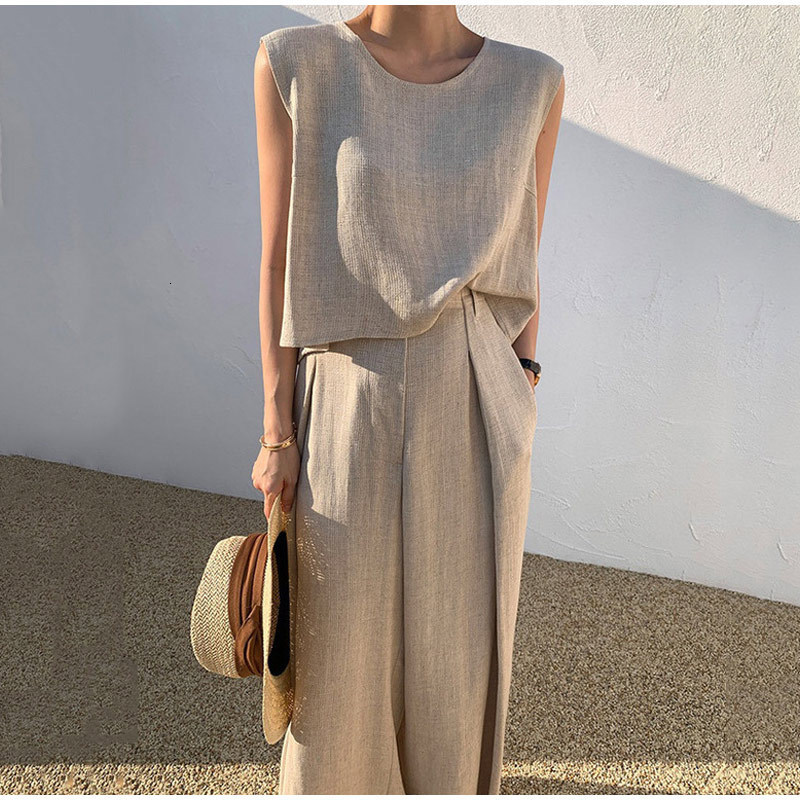 Women's Two Piece Pants Women Cotton Linen Suits Summer Sleeveless O-Neck Tank Top Wide Leg Pants Two Piece Sets Female Fashion Casual Solid Loos