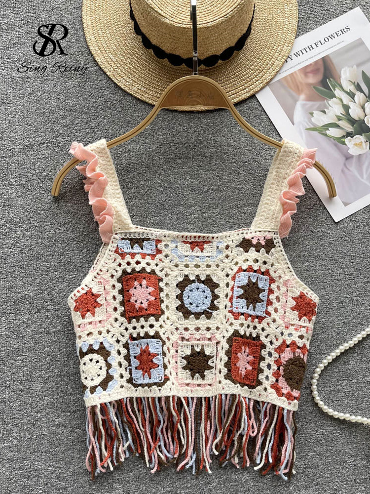 Camisoles Tanks SINGREINY Tassel Knitted Beach Camisole Summer Holiday Strap Loose Chic Camis Fashion Hollow Out Backless Floral Tank Tops 230518