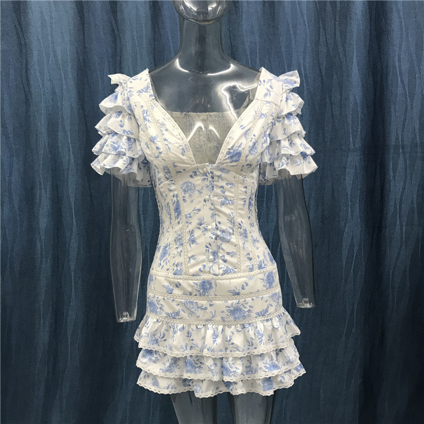 Urban Sexy Dresses Gaun Mini Wanita Biru Muda Ruffle Kualitas Tinggi 230517