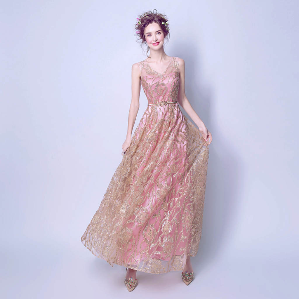 Pink Gold Vintage Mother Of Bride Dress Jewel Sequin Appliques Sleeves Godmother Wedding Gowns Robe De Soiree V Neck Evening Party Guests Gown 403 666