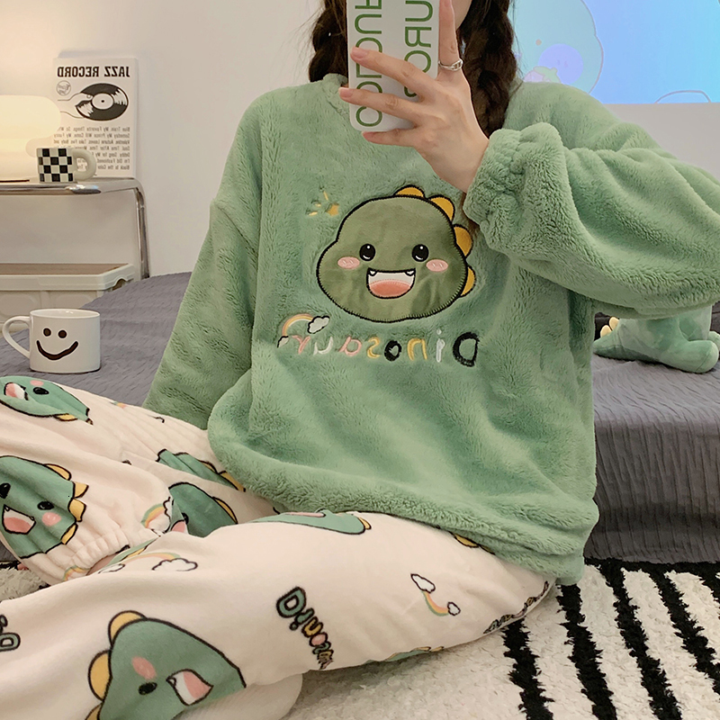 Women's Sleepwear Autumn Winter Warm Flannel Women's Pajamas Set Long-sleeved Trousers Two-piece Set Cute Soft Home Wear Clothes for Women 2