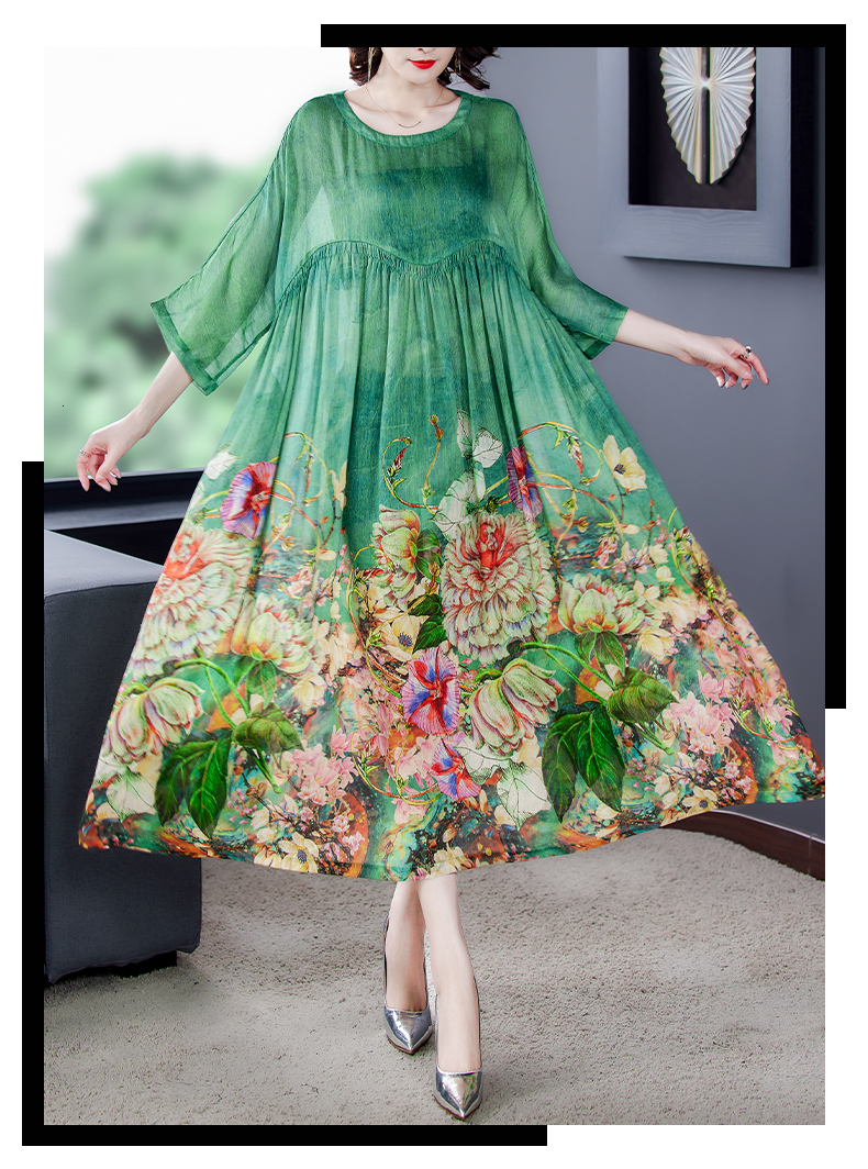 Basic Casual Dresses Ladies O Neck Loose Casual Vintage Printed Silk Midi Dresses Robe Spring Summer Prom Dress Women Elegant Party Vestidos 230519