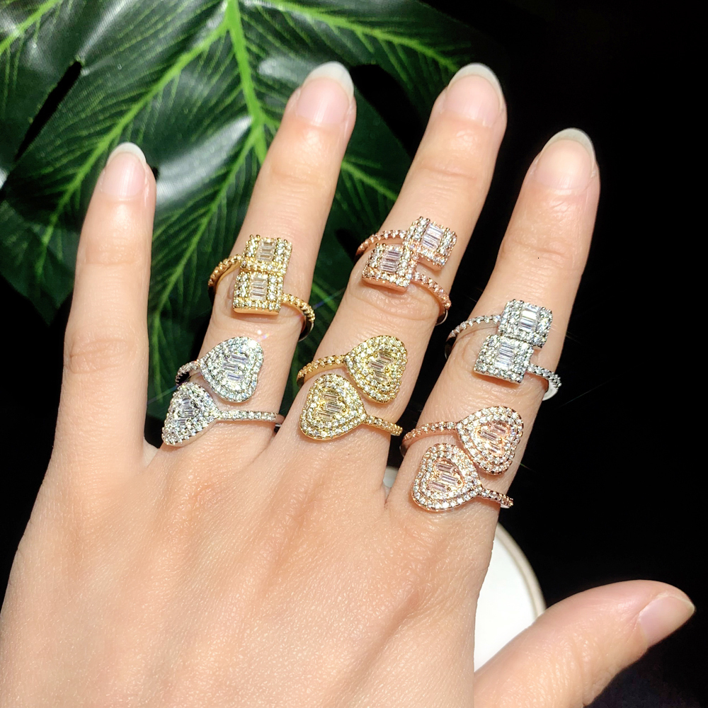Band Rings Iced Out Bling Rectangle CZ Heart Ring Gold Silver Color Micro Pave Open Adjustable Size Square Fashion Women Jewelry 230519