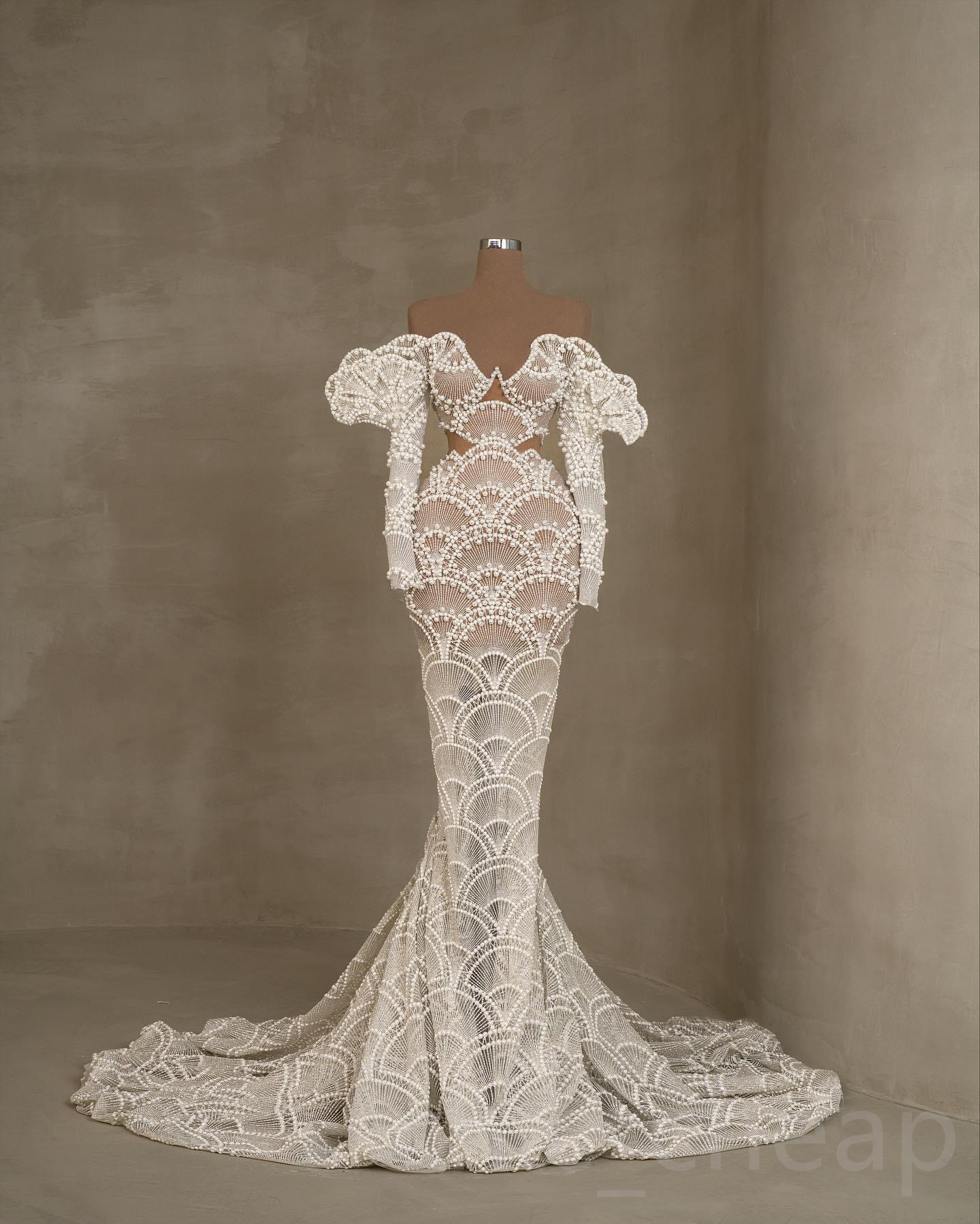 2023 Arabic Aso Ebi White Mermaid Wedding Dress Pearls Lace Luxurious Long Sleeves Bridal Gowns Dresses ZJ2023