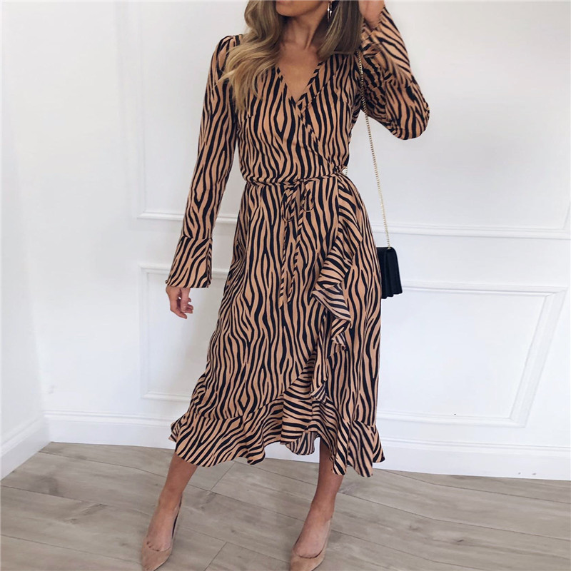 Basic Casual Dresses Zebra Print Long Dresses Summer Women Beach Bohemian Maxi Dress Casual Long Sleeve V Neck Ruffles Party Lacing Retro Dress 230519