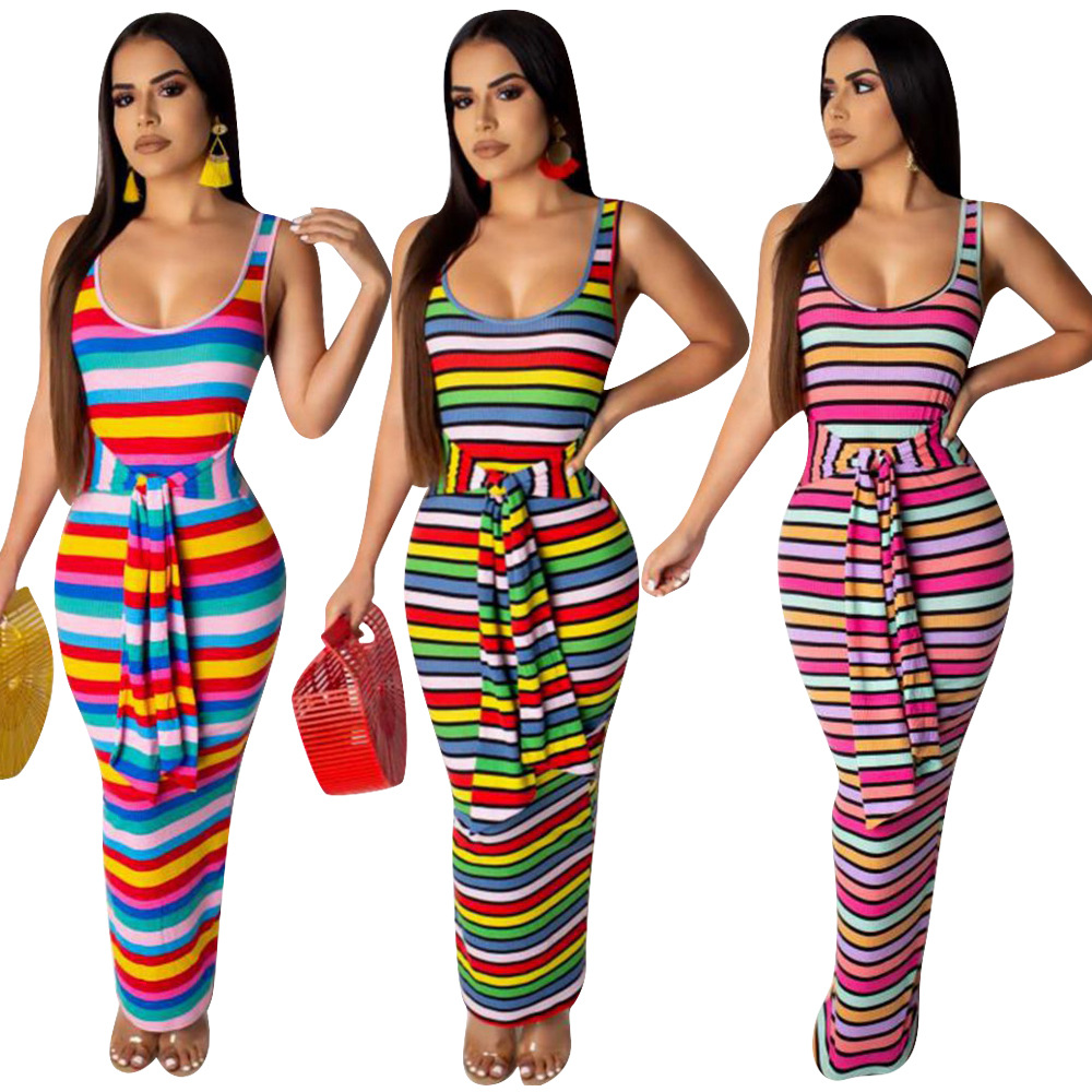 Plus size Dresses LW Size Striped Backless Color Contrast Sleeveless Mid Calf Wrapped Skirt Rainbow Overalls Boho Maxi