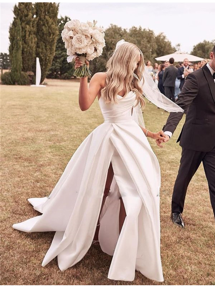Ivory Side Split Wedding Dresses Strapless Neck Bridal Gowns Plus Size A Line Sweep Train Satin Vestido De Novia