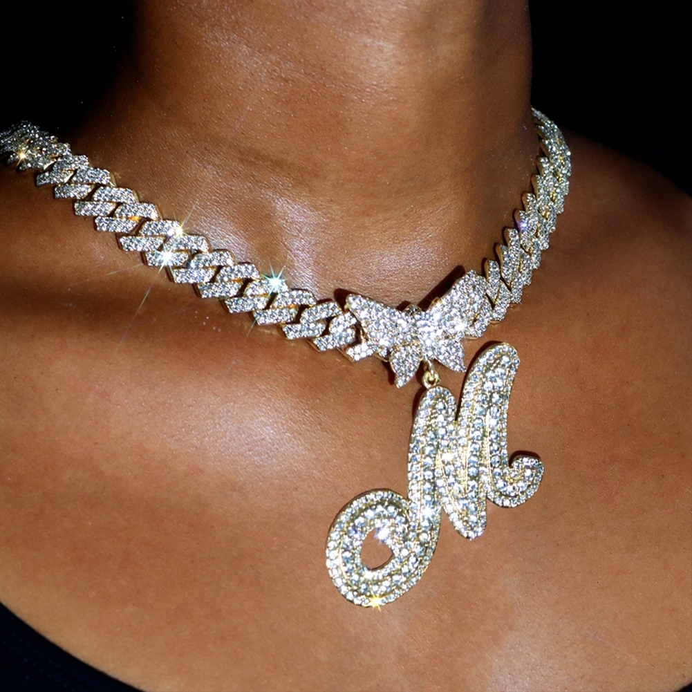 Chokers Men Women 14MM Cuban Chain Crystal Butterfly Initials Name Pendant Necklace Iced Out Cursive Letters Rapper Jewelry 230519