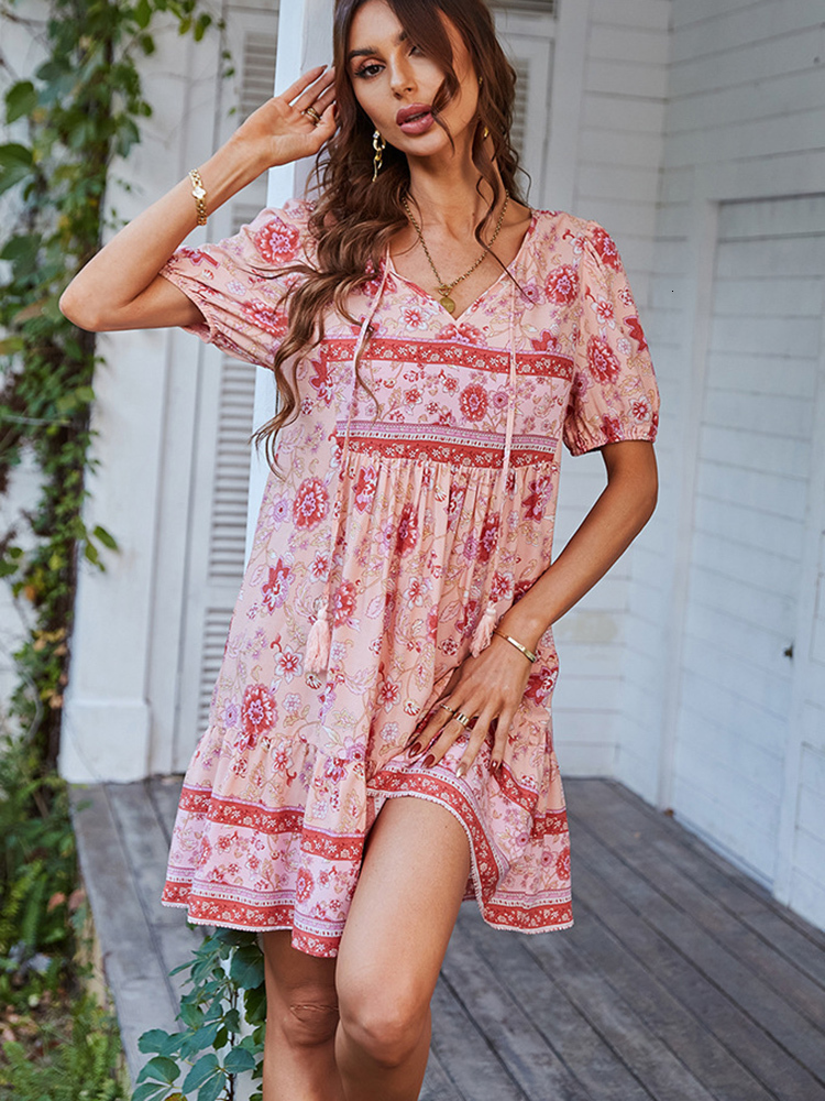 Basic Casual Dresses Floral Puff Sleeve Summer Dress Women Casual Loose Ruffle Boho Holiday Beach Sundress Green Vintage Elegant Lace-up Mini Dresses 
