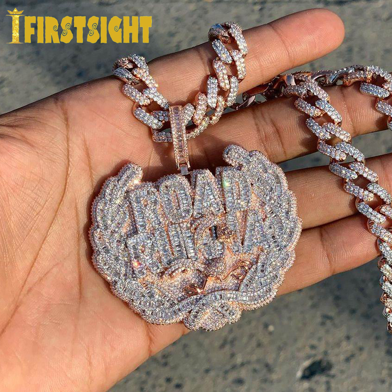 Chokers Iced Out Bling CZ Letter Road Runna Pendant Necklace Cubic Zirconia Two Tone Color Badge Charm Men Fashion Hip Hop Jewelry 230519