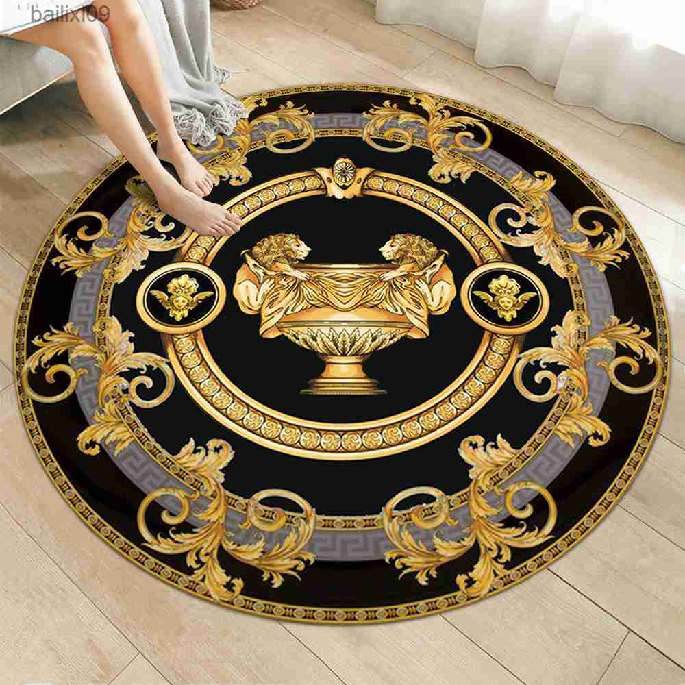 Carpets Gold Round Carpets Living Bedroom Area Rug Room Bedside Chair Mat European Style Home Decoration Carpet Tatami Mat Alfombras T230519