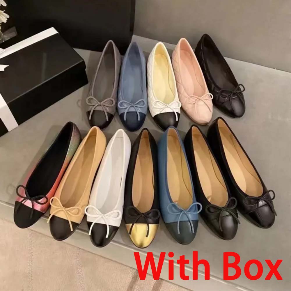 High Quality Ballet Flats Classic Designer shoes Women wedding dress 100% Leather Tweed Cloth Two Color Splice Bow Round Fashion summer party Womens sandals with box