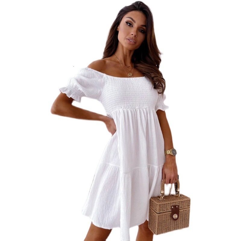 Basic Casual Dresses Sexy Slash Neck Pleated Mini Party Dress Summer Women Fashion Elastic Bandage Short Sleeve Tunic Dresses HY 230519