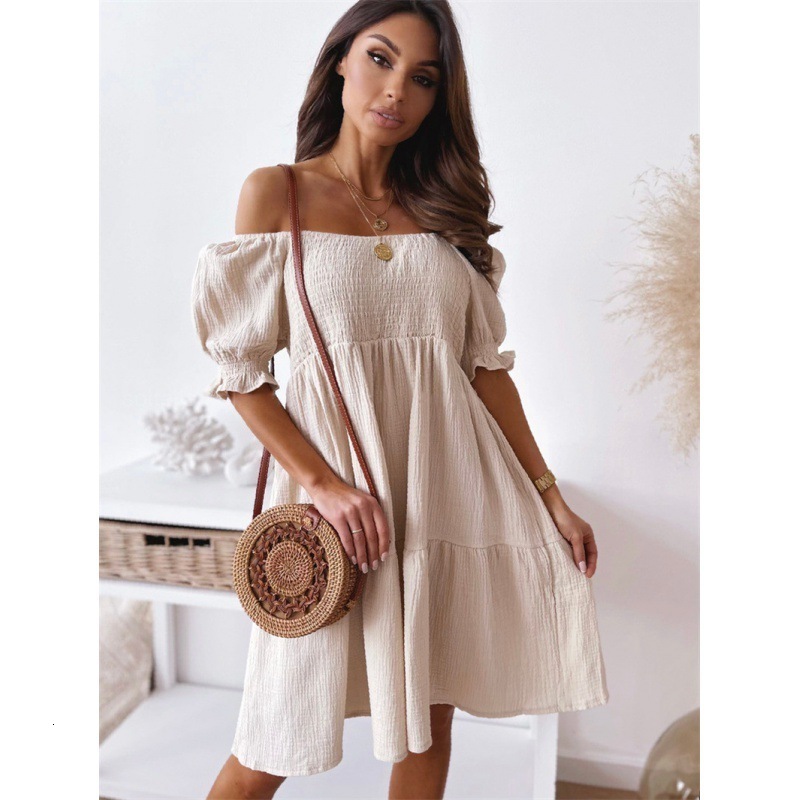 Basic Casual Dresses Sexy Slash Neck Pleated Mini Party Dress Summer Women Fashion Elastic Bandage Short Sleeve Tunic Dresses HY 230519