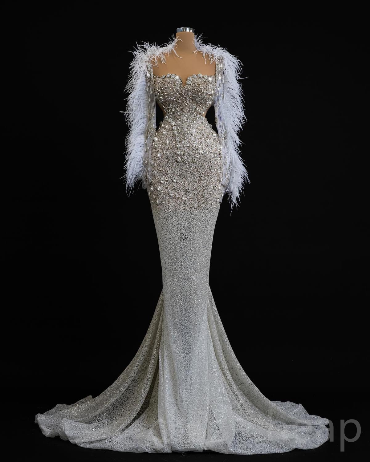 2023 Arabic Aso Ebi Mermaid White Wedding Dress Beaded Crystals Feather Sequined Lace Bridal Gowns Dresses ZJ3030