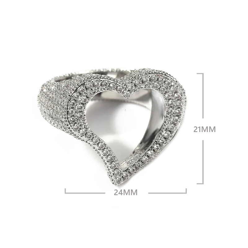 Band Rings Full Iced Out Bling Hollow Heart Ring Gold Silver Color 5A CZ Micro Pave Cubic Zircon Hip Hop Punk Men Women Jewelry 230519