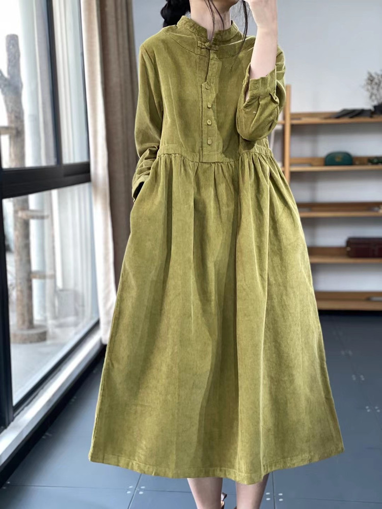 Basic Casual Dresses Arrival Stand Collar Corduroy Vintage Autumn Winter Dress Office Lady Outwear Work Dress Women Spring Casual Midi Dress 230519