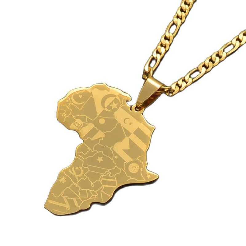 Anniyo Africa Map With Flag Pendant Chain Necklaces Stainless Steel Gold Silver Color Anti-allergy African Maps Charm Jewelry Gift For Men Women Bijou