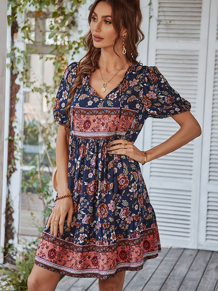 Basic Casual Dresses Floral Puff Sleeve Summer Dress Women Casual Loose Ruffle Boho Holiday Beach Sundress Green Vintage Elegant Lace-up Mini Dresses 