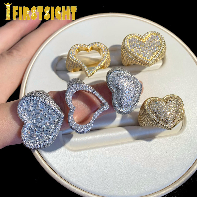 Band Rings Full Iced Out Bling Hollow Heart Ring Gold Silver Color 5A CZ Micro Pave Cubic Zircon Hip Hop Punk Men Women Jewelry 230519