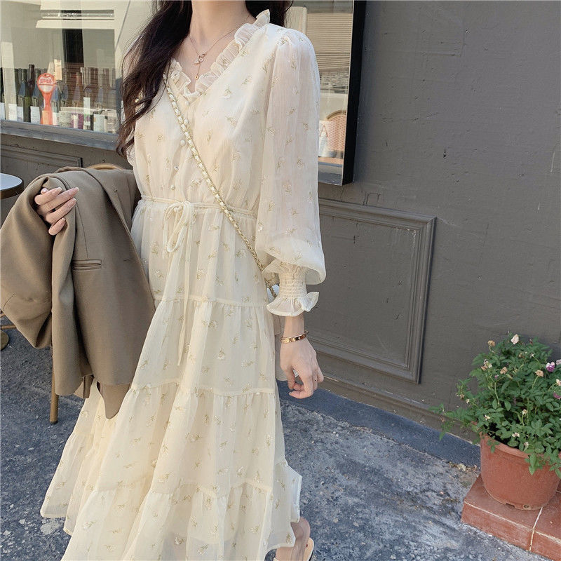 Basic Casual Dresses Dresses Women Summer V-neck Ruffles Tender Sweet Girlish Korean Style Leisure Gentle Midi Cupcake-dress Holiday Mujer Vestidos 23