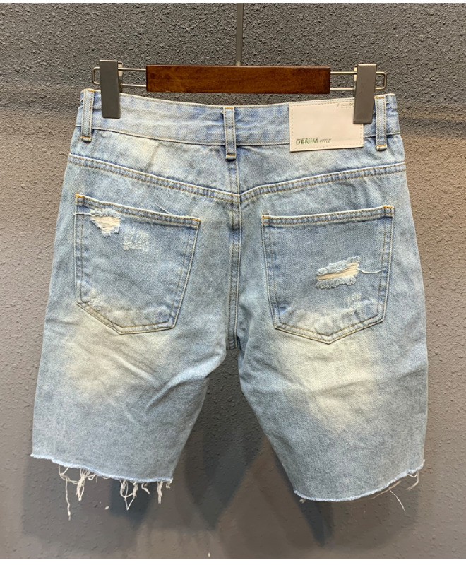 Mens Jeans Ripped Denim Shorts Light Blue Fifth Pants Trendy Allmatch Loose Woolen Split Ing Short 230519