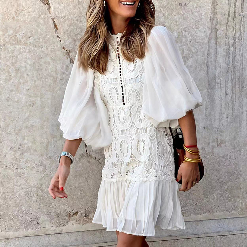 Basic Casual Dresses Women Clothing Lace V Neck Short Sleeve Wrap Hip Dress Fashion Embroidered Button Party Dress White Beach Mini Dresses Vestidos 2