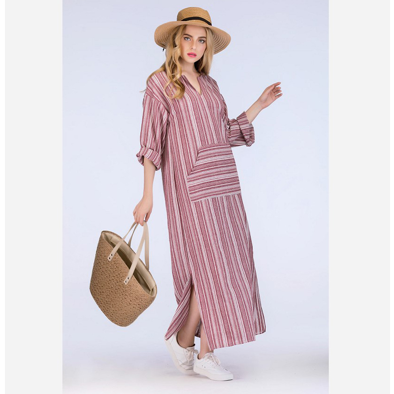 Basic Casual Dresses Womens Cotton Linen Dress Big size 5XL large size Kaftan Long Sleeve Summer Striped Women Large Size Long Maxi Boho Dresses 23051
