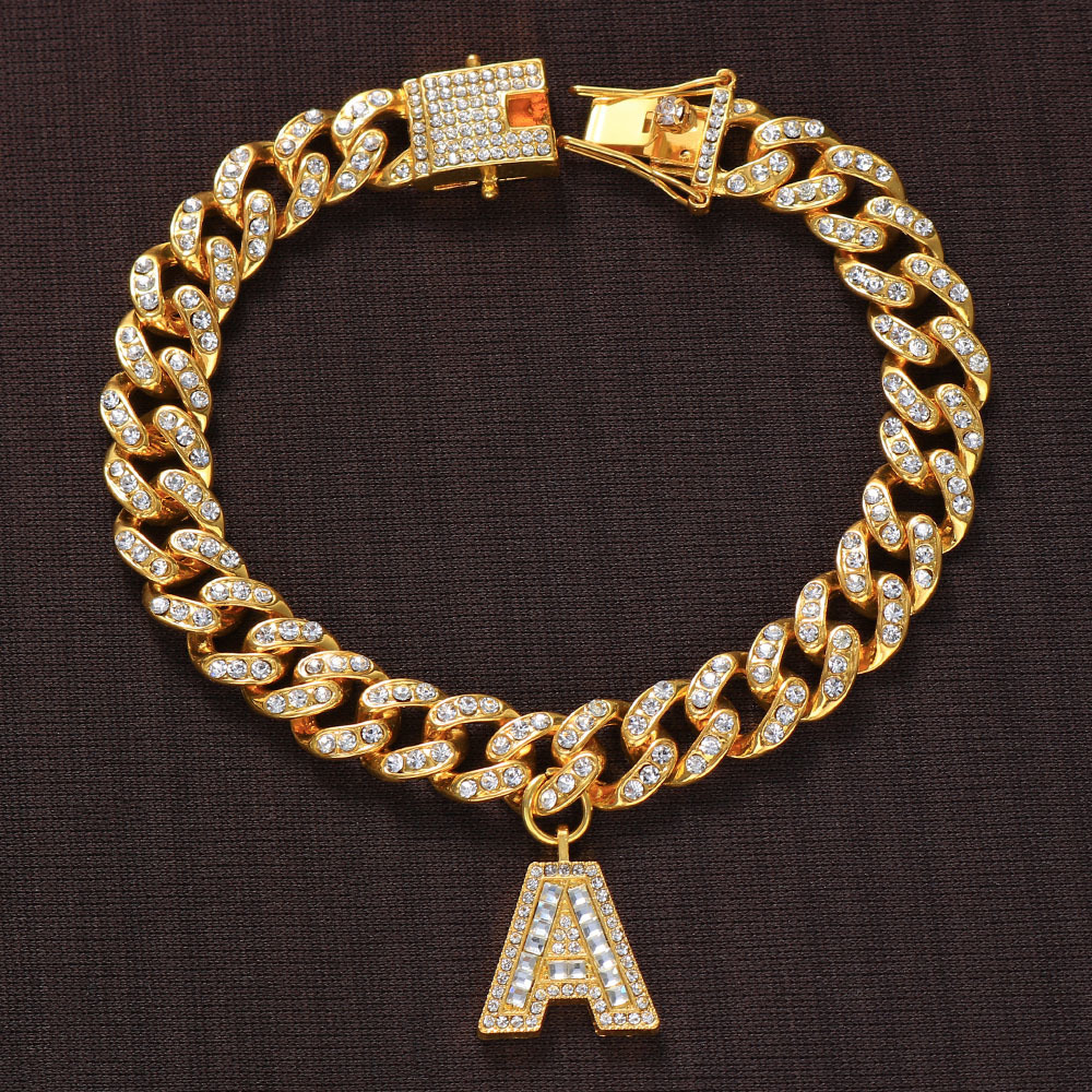Chain Hip Hop A-Z Initial Bracelet Charm Jewelry Hand Men's Bangles Crystal Christmas 26 Letter Cuban Link Bracelets CZ Women Ice Out 230519