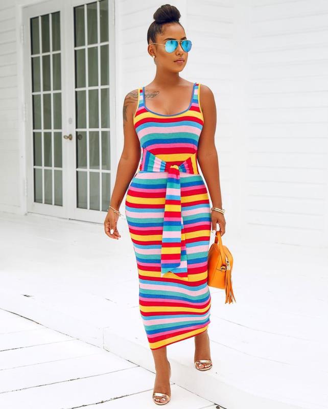 Plus size Dresses LW Size Striped Backless Color Contrast Sleeveless Mid Calf Wrapped Skirt Rainbow Overalls Boho Maxi