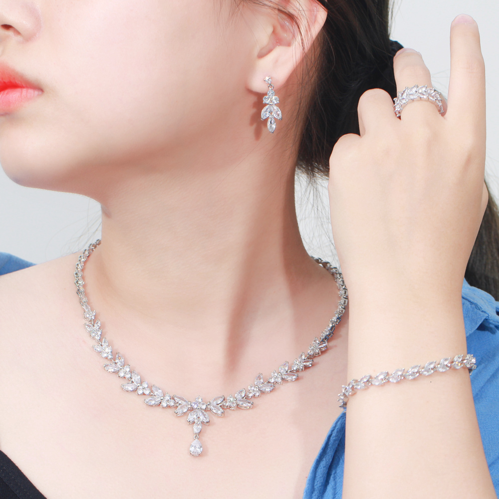 Wedding Jewelry Sets CWWZircons 4Pcs Brilliant Cubic Zircon Necklace Earrings Ring and Bracelet Wedding Bridal Jewelry Sets Dress Accessories T344 230