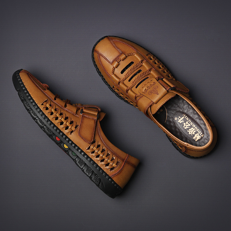 Sandals Summer Men Sandals Leisure Breathable Comfort Mens Beach Shoes Fashion Solid Hand Sewn Male Flat Casual Leather Sandals 230519