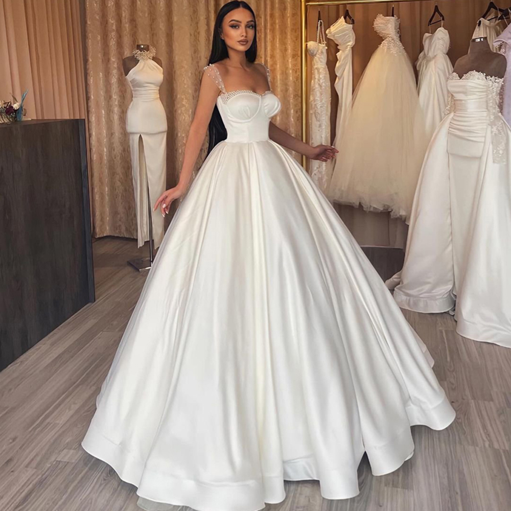 Elegant Sweetheart Satin Wedding Dress Bead Straps Pleat Bridal Gown Puffy Skirt Robe De Mariee 326
