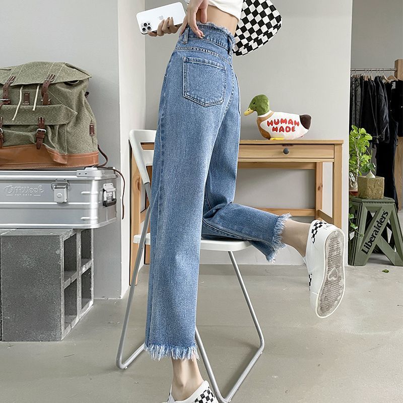 Women's Jeans Women Clothing Fashion Tassel Solid Color High Waist Straight Autumn Simplicity Zipper Slim Jeans Ladies Cropped Pants All-match 23