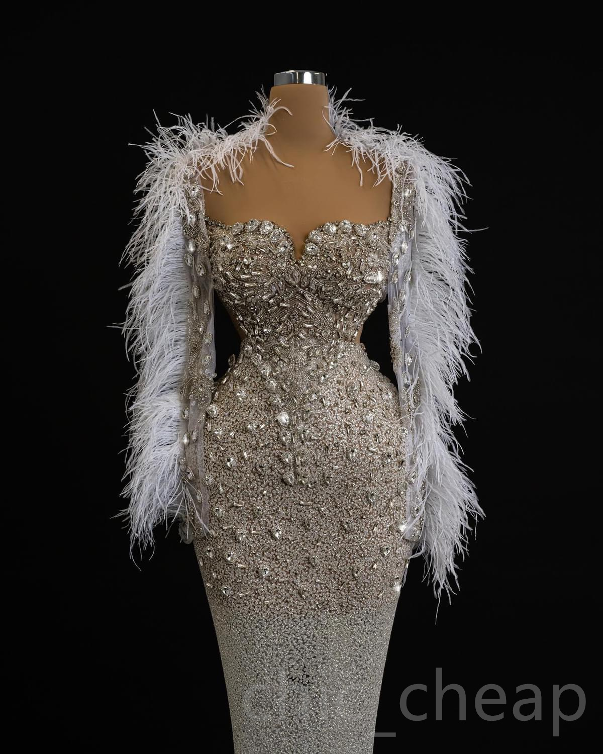 2023 Arabic Aso Ebi Mermaid White Wedding Dress Beaded Crystals Feather Sequined Lace Bridal Gowns Dresses ZJ3030