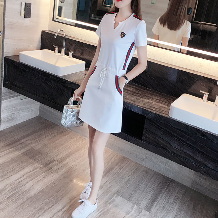 Basic Casual Dresses Elegant Casual V-neck Short Sleeve Solid Color Simple Comfortable White Dress Straight Loose Draw String Women's Clothing 23