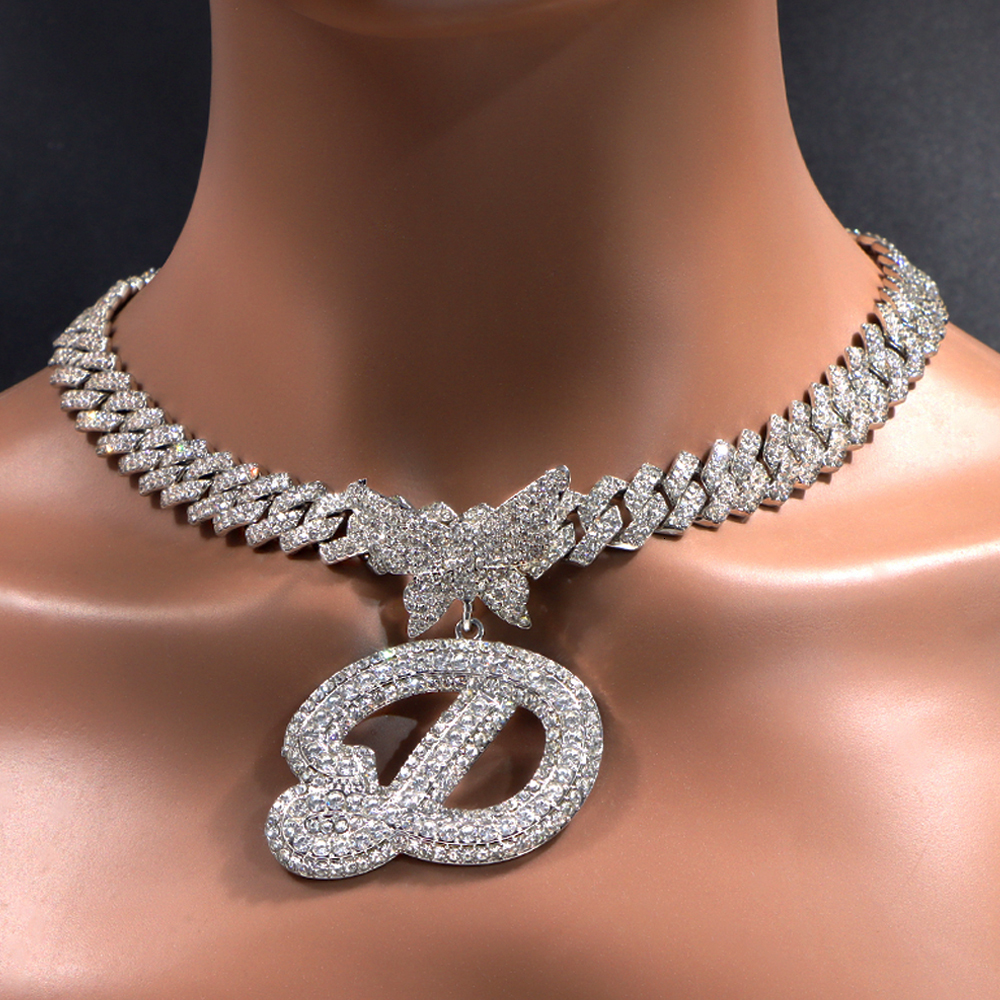 Chokers Men Women 14MM Cuban Chain Crystal Butterfly Initials Name Pendant Necklace Iced Out Cursive Letters Rapper Jewelry 230519
