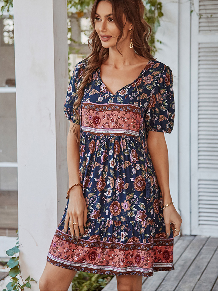 Basic Casual Dresses Floral Puff Sleeve Summer Dress Women Casual Loose Ruffle Boho Holiday Beach Sundress Green Vintage Elegant Lace-up Mini Dresses 