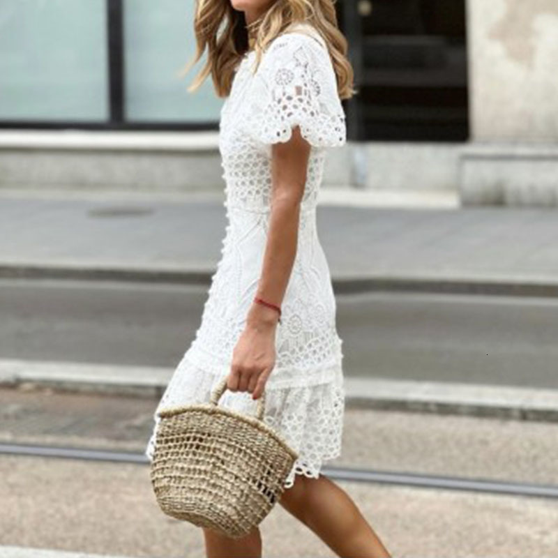 Basic Casual Dresses Women Clothing Lace V Neck Short Sleeve Wrap Hip Dress Fashion Embroidered Button Party Dress White Beach Mini Dresses Vestidos 2