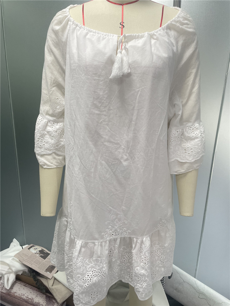 Basic Casual Dresses White Mini Dress Women Boho Beach Dress Ladies Summer Lace Hollow Out Dress Female Loose Elegant Lace Up Vestido Mujer 230519