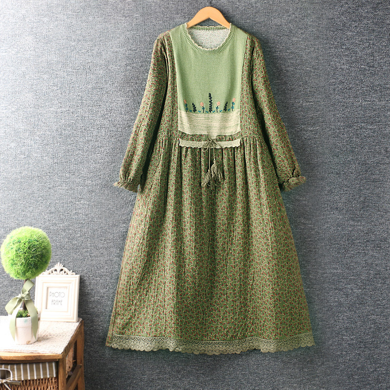 Basic Casual Dresses Autumn Knitting Patchwork Floral Dress Women Long Sleeve Round Neck Midi Dress XYF083009 230519