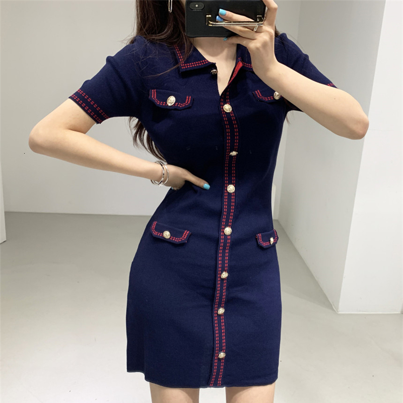 Basic Casual Dresses Women Mini Knitted Dress Vintage Metal Buttons High Waist Sheath Pencil Dresses Turn-down Neck Elegant Dress Office Lady N237 230