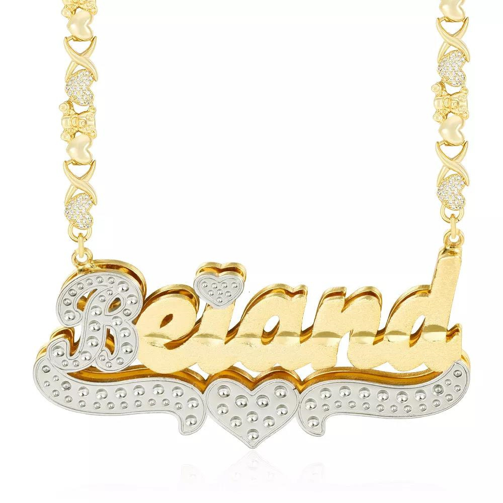 Strands Strings Personalized Necklace Custom Gold Plated Name Teddy Heart XOXO Chain Double Layer Two Tone with 230519