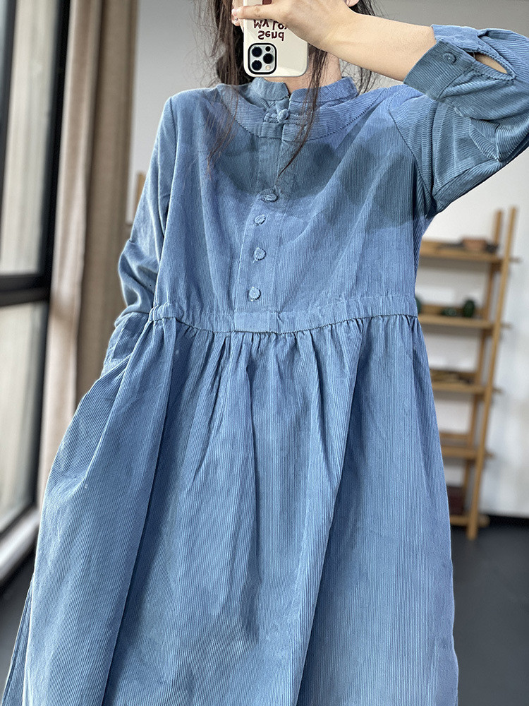 Basic Casual Dresses Arrival Stand Collar Corduroy Vintage Autumn Winter Dress Office Lady Outwear Work Dress Women Spring Casual Midi Dress 230519