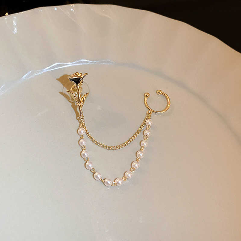 Charm 2022 Rose Flower Pearl Chain Stud Earrings Korean Style Ear Clip Long Tassel Earring Fashion Gold Ear Studs For Women Jewelry AA230518