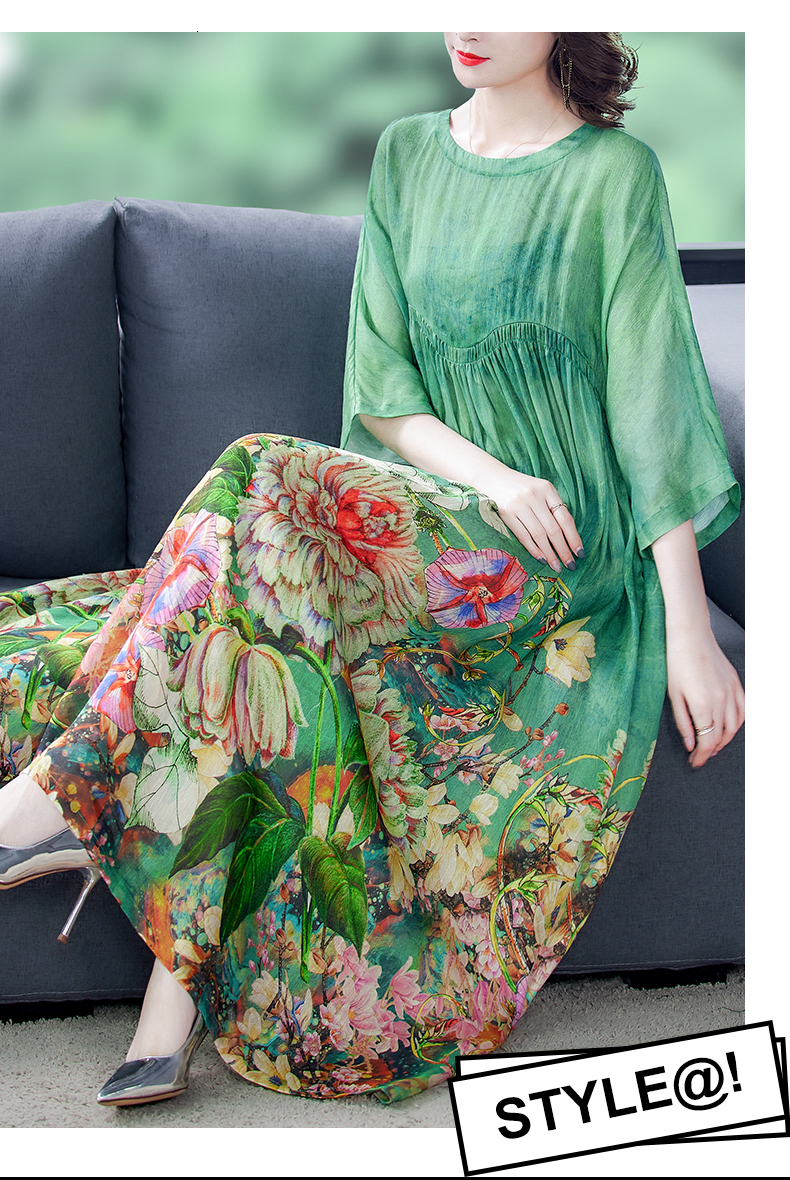 Basic Casual Dresses Ladies O Neck Loose Casual Vintage Printed Silk Midi Dresses Robe Spring Summer Prom Dress Women Elegant Party Vestidos 230519