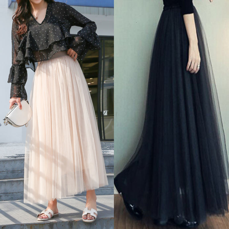 Skirts 3 layers Midi Summer Tulle Skirt Women 2023 Ladies Casual White Black High Waist Pleated Sun School Long Female 230519