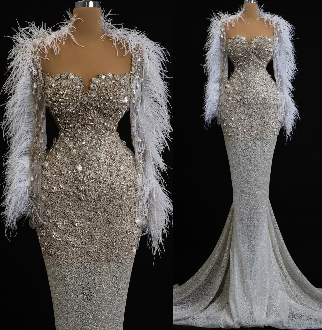 2025 Arabic Aso Ebi Mermaid White Wedding Dress Beaded Crystals Feather Sequined Lace Bridal Gowns Dresses