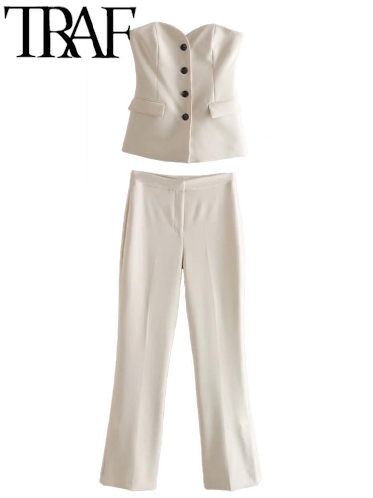 Pants TRAF 2022 Autumn Women Traf Casual Vest Suits Sleeveless Strapless Bustier Buttons Slim Crop Tops Pants Female 2 Piece SetsWhite
Pants TRAF 2022 Autumn Women Traf Casual Vest Suits Sleeveless Strapless Bustier Buttons Slim Crop Tops Pants Female 2 Piece SetsWhite