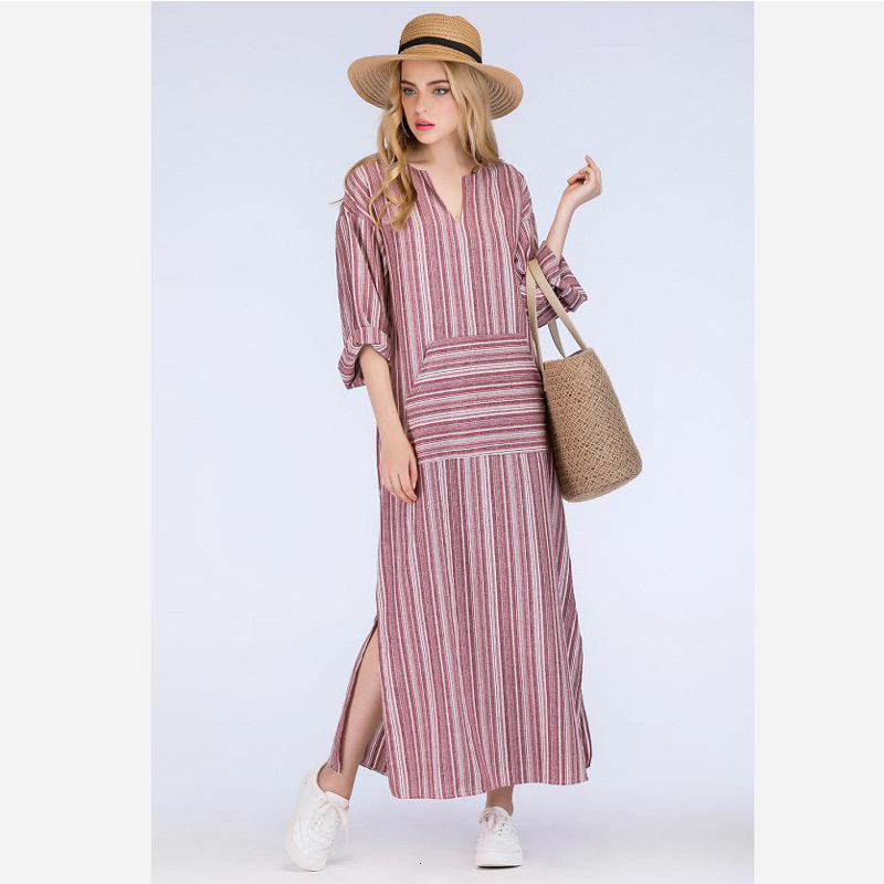 Basic Casual Dresses Womens Cotton Linen Dress Big size 5XL large size Kaftan Long Sleeve Summer Striped Women Large Size Long Maxi Boho Dresses 23051